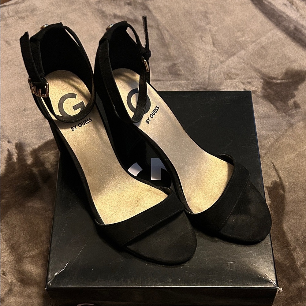 Guess Black Fabric Ankle Strap Heels